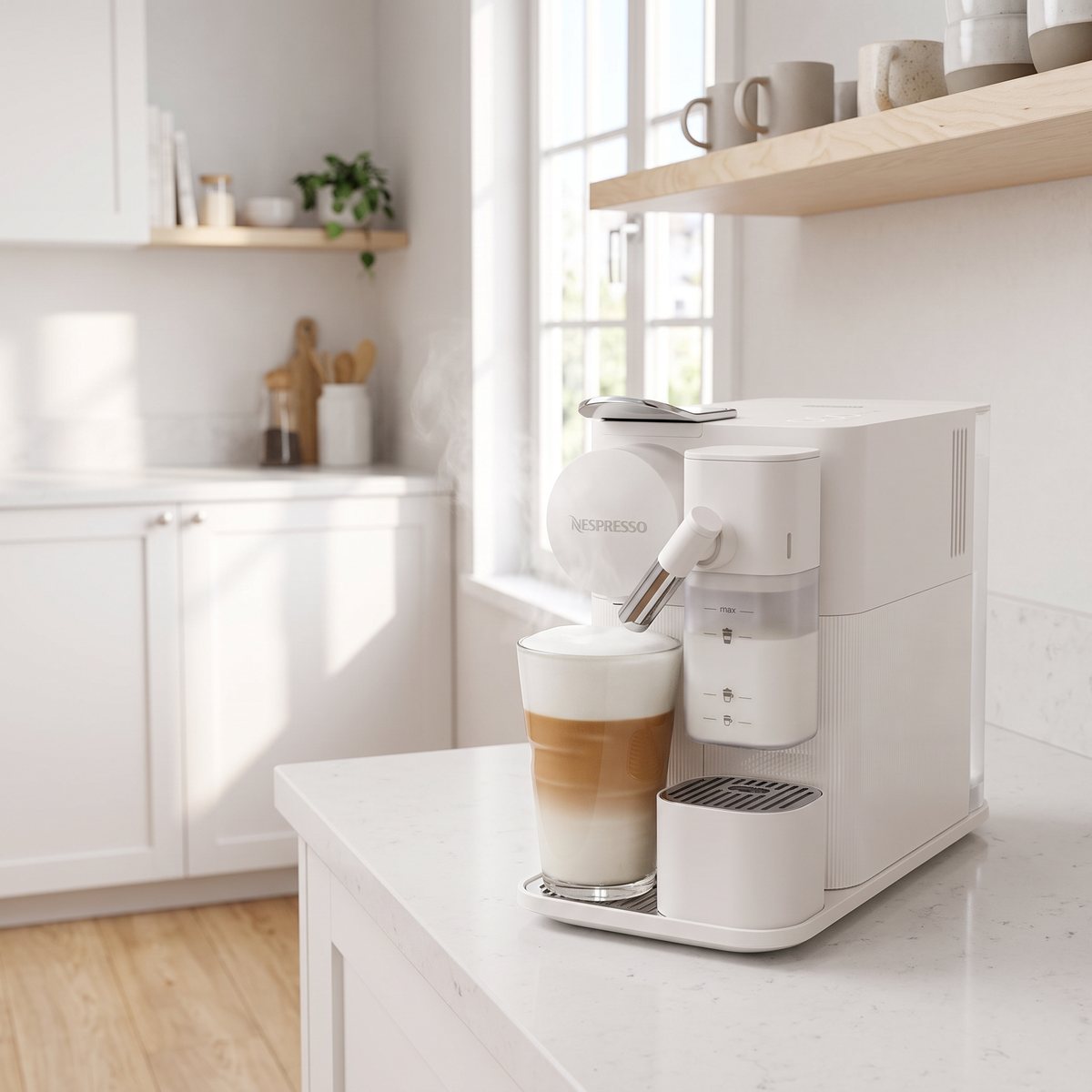 Vit Nespresso Lattissima One som gör en latte macchiato i ett ljust svenskt kök