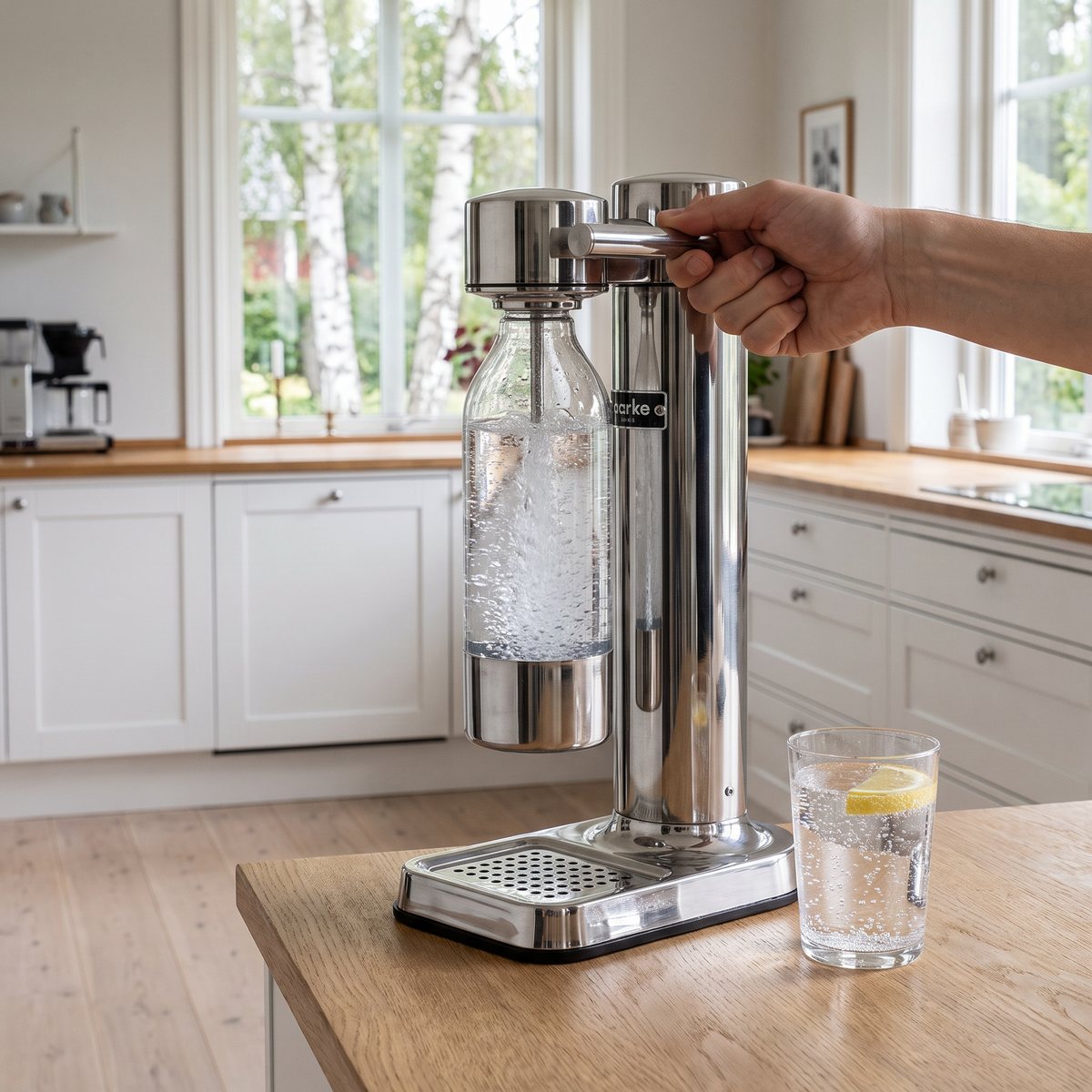 Aarke Carbonator 3 i blank rostfritt stål på en köksbänk i ett svenskt kök med ett glas kolsyrat vatten