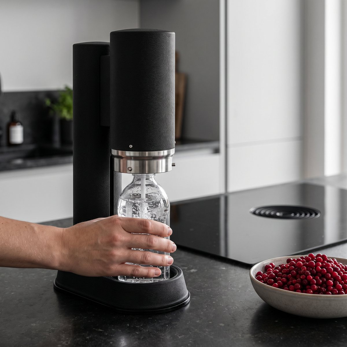 Aarke Carbonator Pro i svart med en hand runt glasflaskan på en köksbänk i ett svenskt kök med induktionshäll