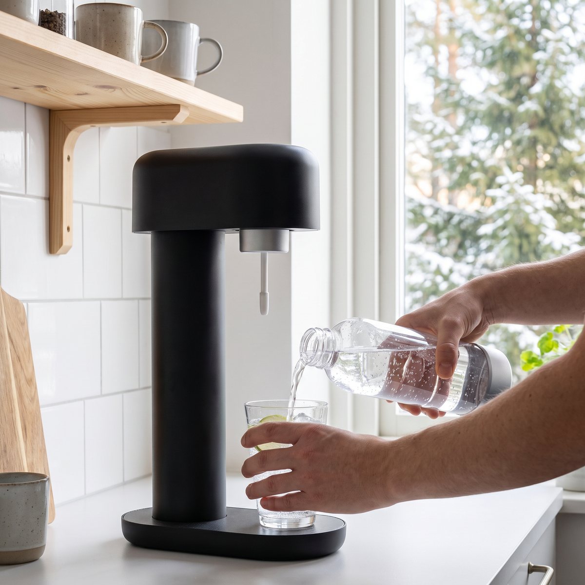 Mysoda Ruby med flaska och glas kolsyrat vatten i ett ljust svenskt kök