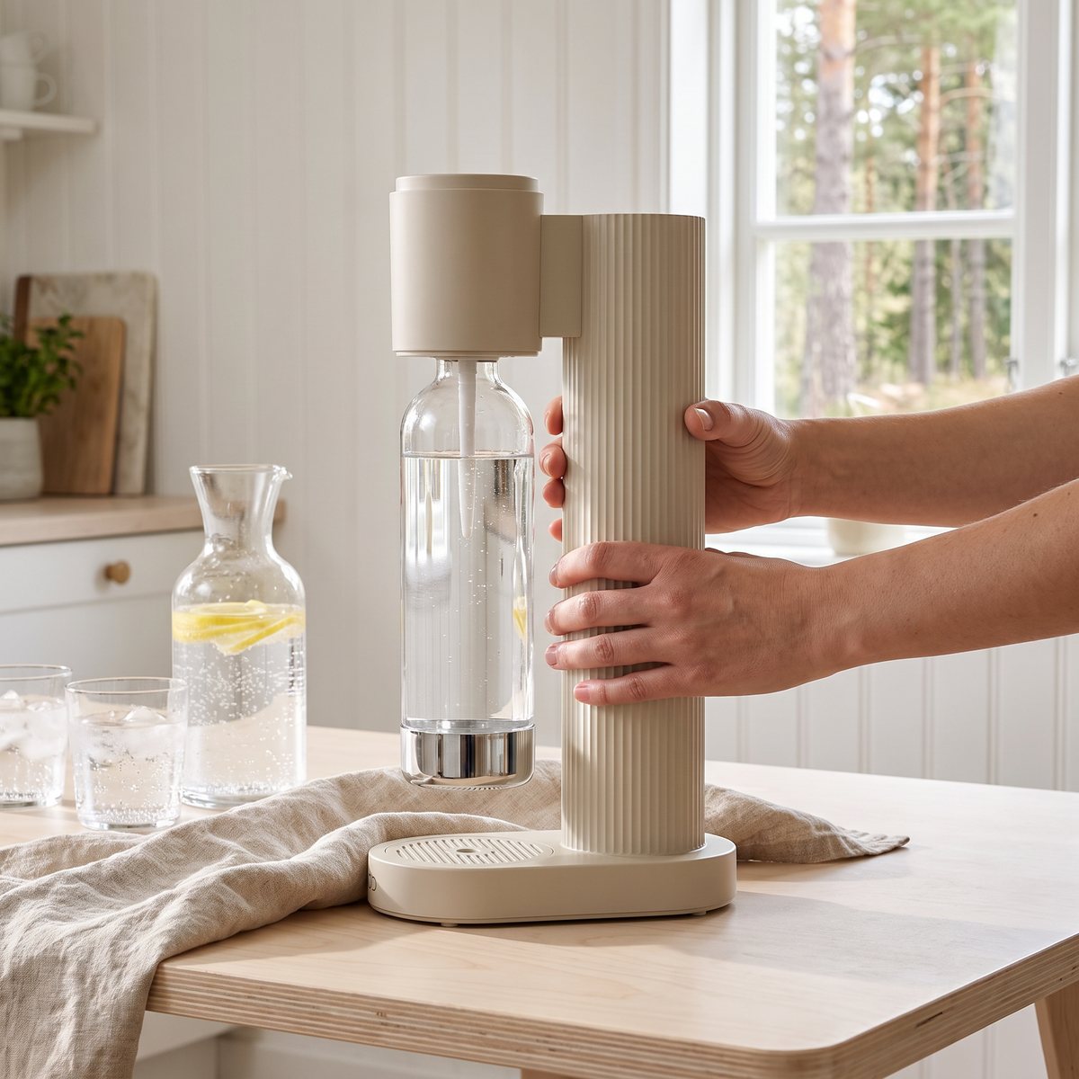Nod kolsyremaskin i beige på ett björkbord i ett ljust svenskt kök
