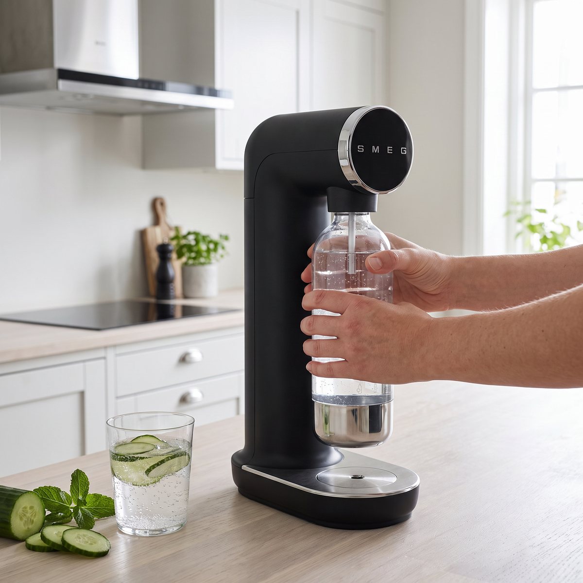 Smeg kolsyremaskin i svart på en köksbänk i ett svenskt kök med induktionshäll