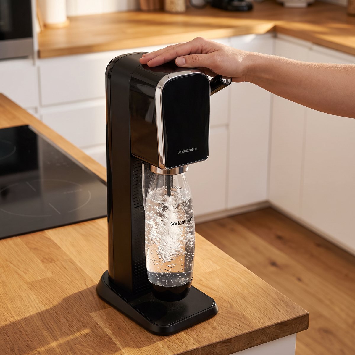 Sodastream Art som kolsyrar vatten med handen på spaken i ett svenskt familjekök