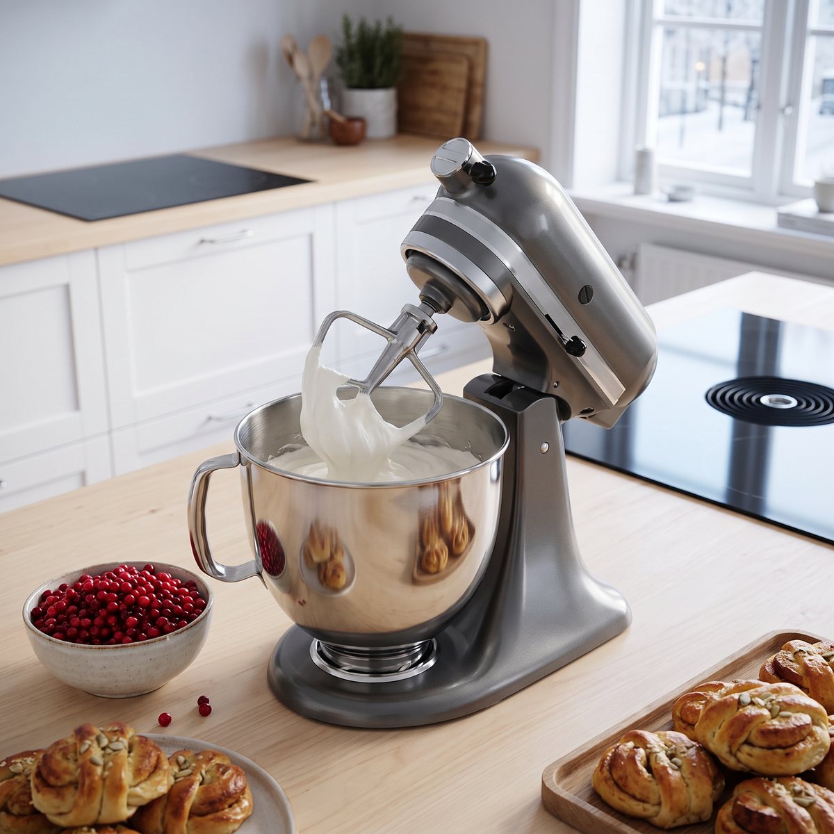 KitchenAid Artisan vispar grädde i skålen på en köksbänk i ett svenskt kök med lingon och kanelbullar