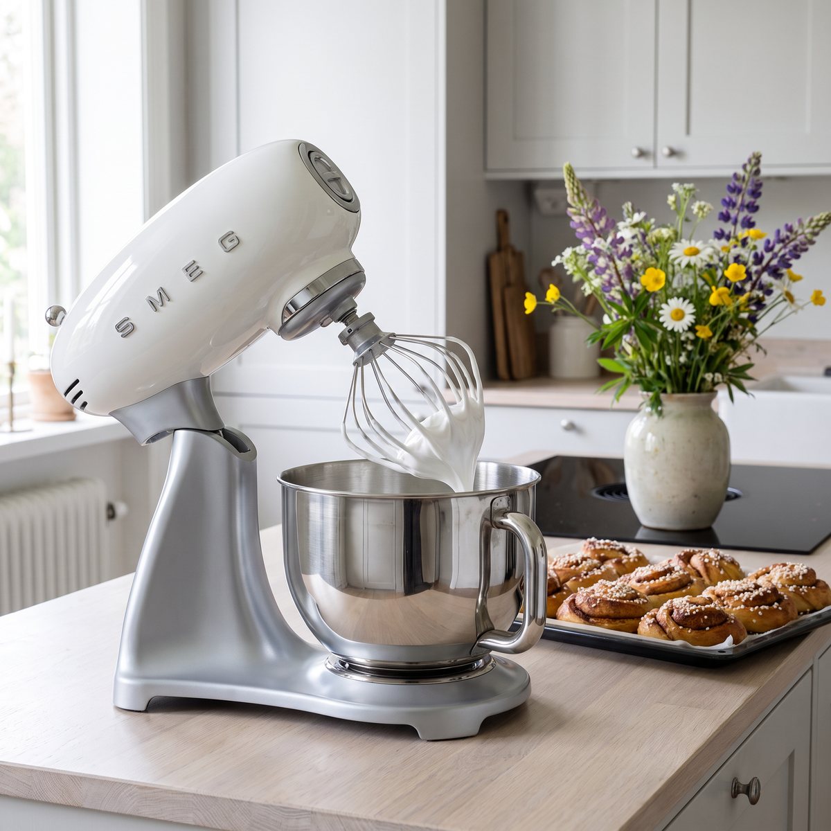 Smeg SMF04 vispar maräng i stålskålen på en köksbänk i ett svenskt kök med vildblommor och kanelbullar