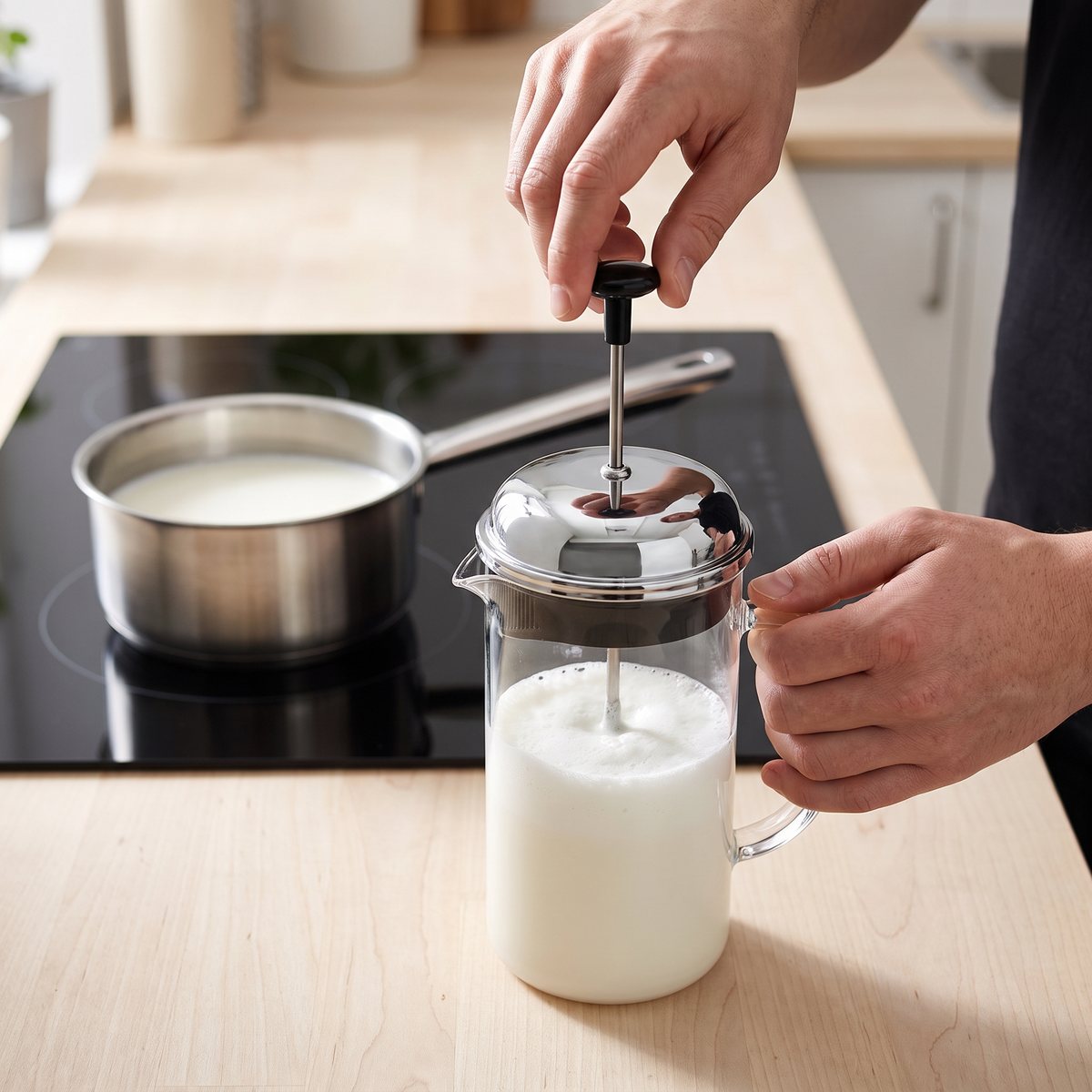 Bodum Chambord manuell mjölkskummare i glas pumpas för hand vid en induktionshäll i ett svenskt kök