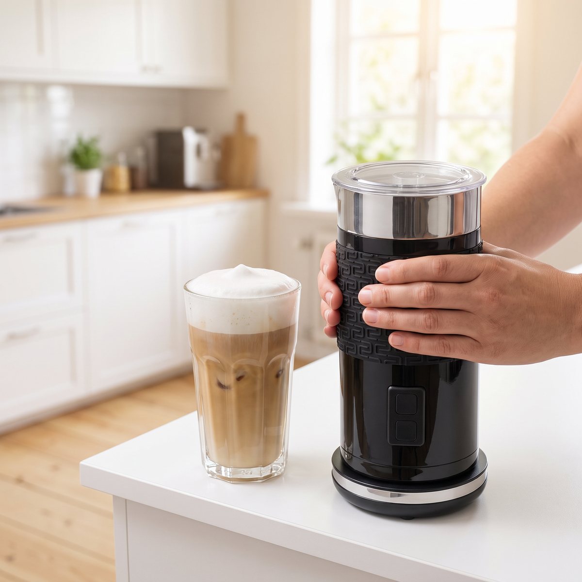 Svart Caso Fomini Crema hålls i handen på en vit köksbänk i ett ljust svenskt kök, med iskaffe bredvid