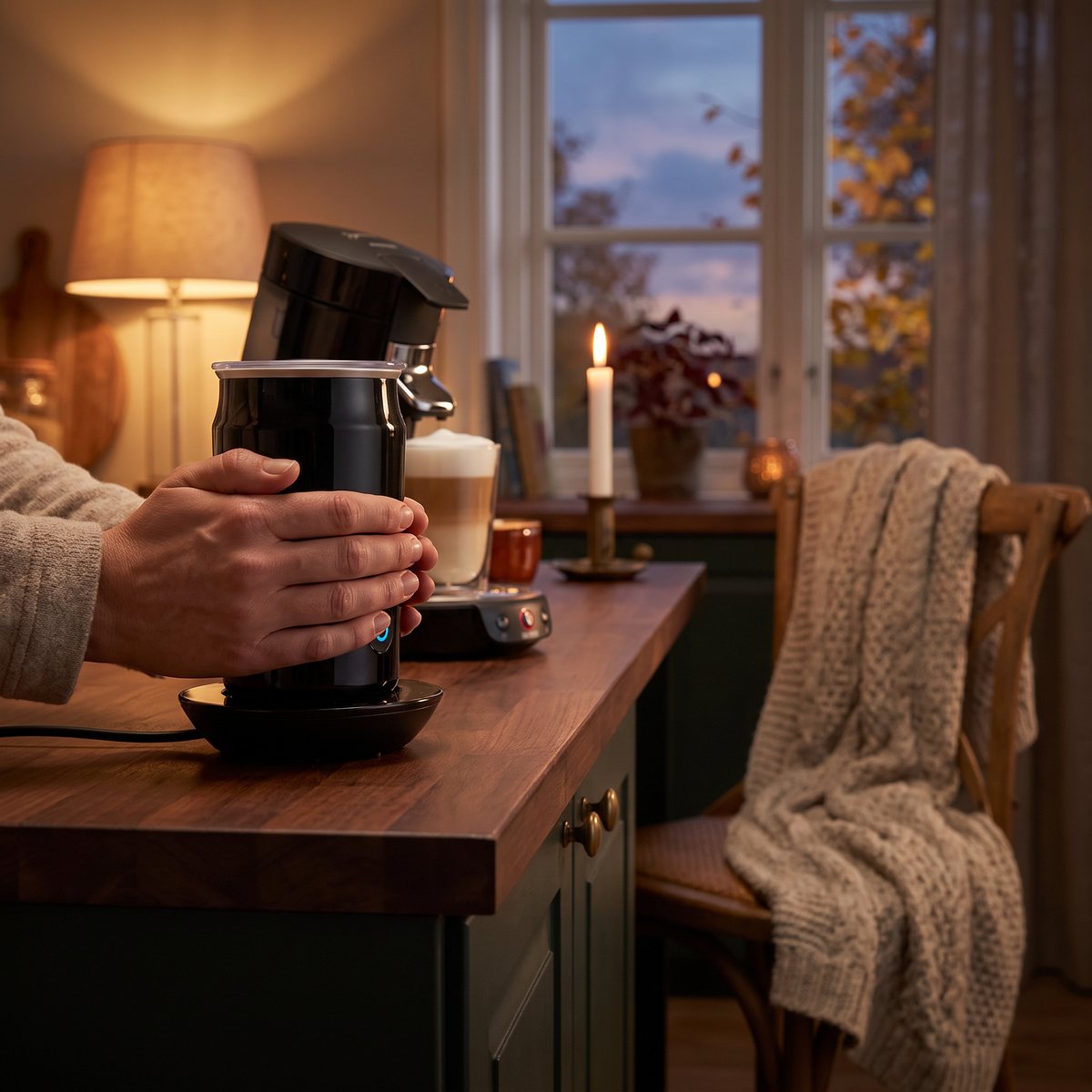 Svart Philips Senseo Milk Twister hålls med båda händerna på en träbänk i ett svenskt kök en höstkväll