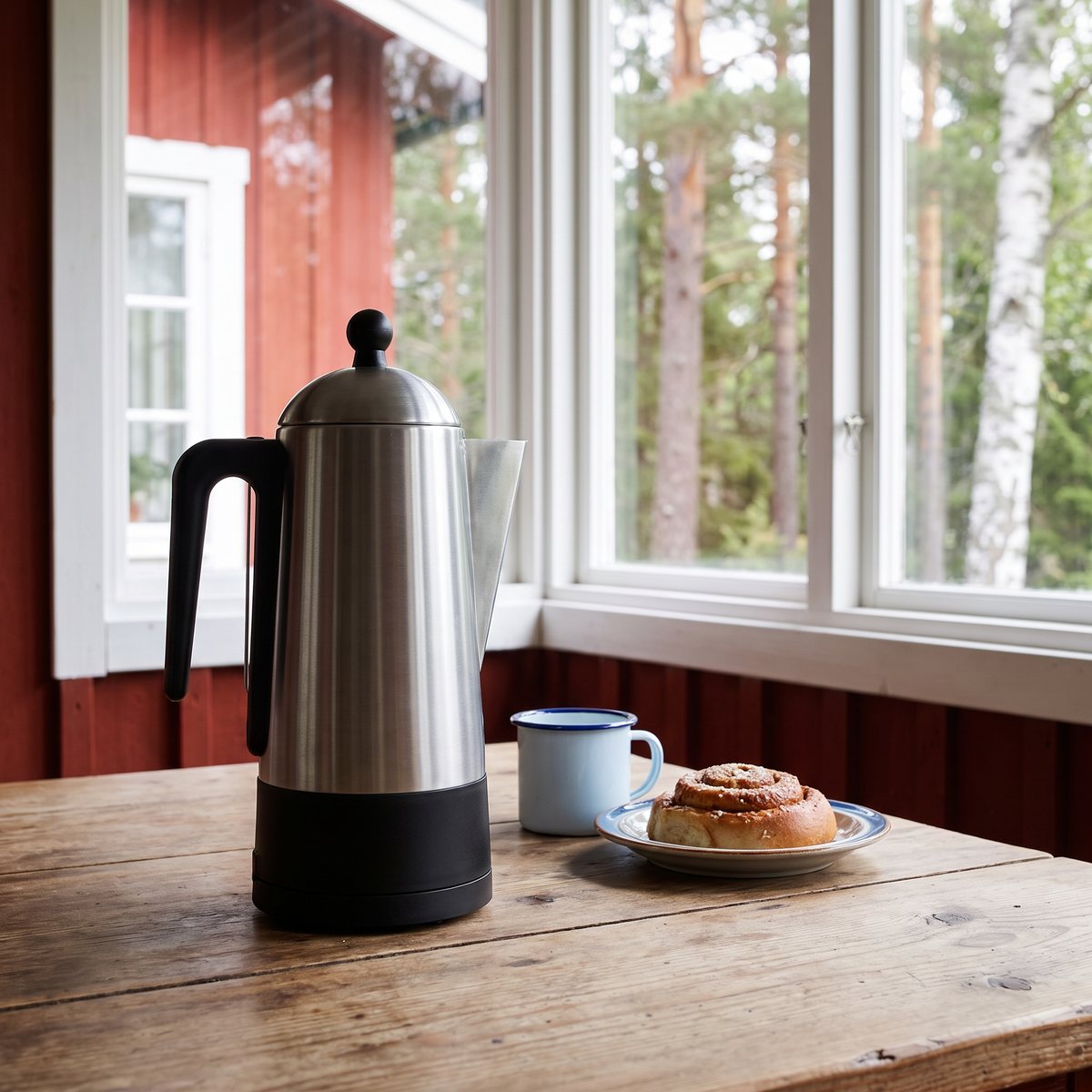 C3 Perkulator 6kp i borstat stål på ett träbord i en röd svensk stuga med tallskog utanför