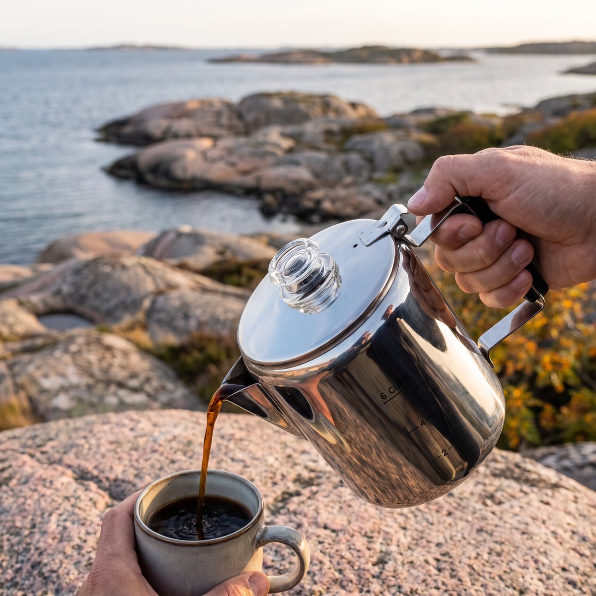 Hand som häller kaffe ur en rostfri IFISH-perkulator på en granithäll vid svenska västkusten