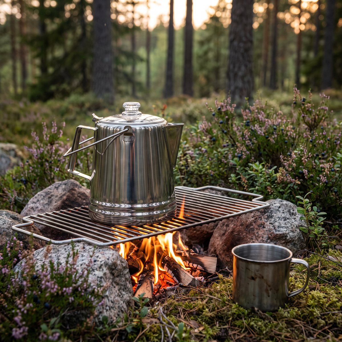 Petromax Perkomax LE28 i rostfritt stål över en lägereld i svensk tallskog med ljung och blåbärsris