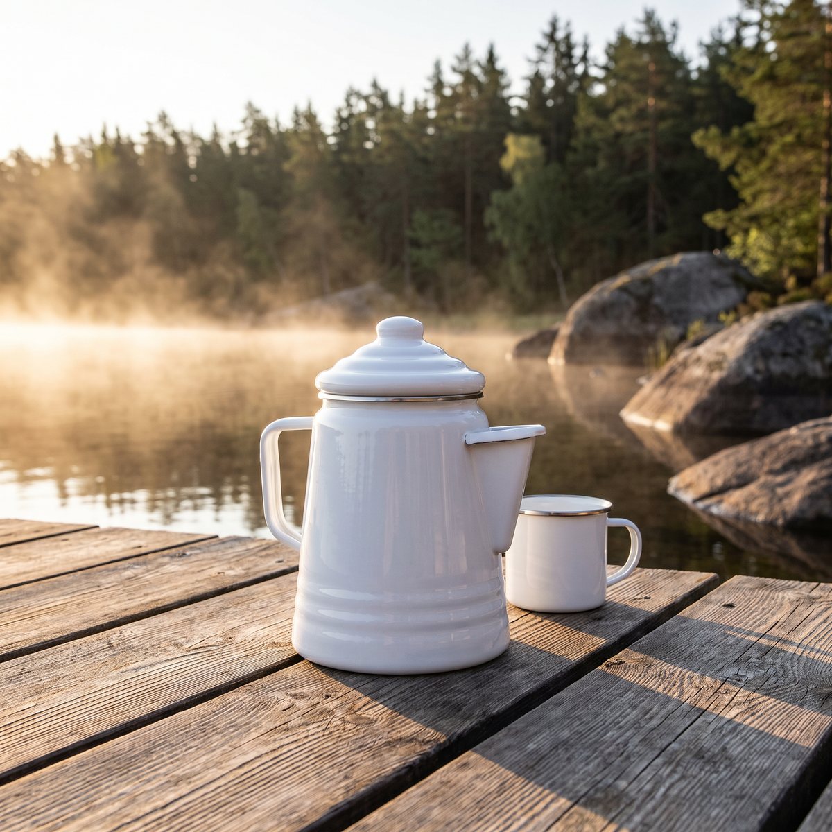 Vit emaljerad Petromax-perkulator på en träbrygga vid en svensk sjö i morgondimma
