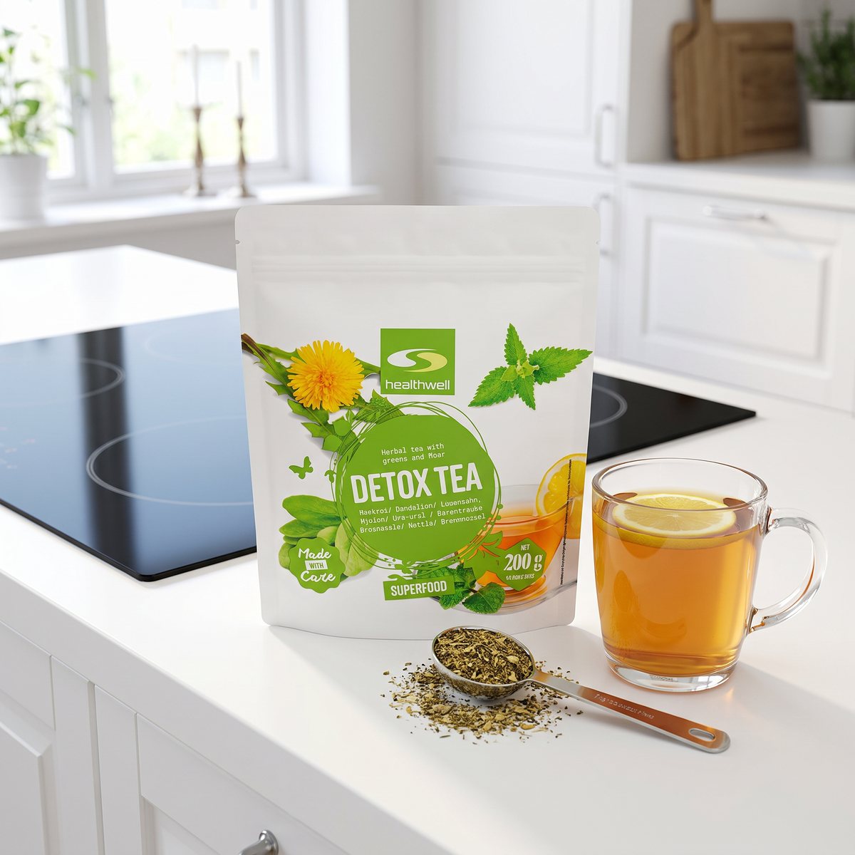 Healthwell Detox Te i påse på en köksbänk med en glasmugg te i ett svenskt kök