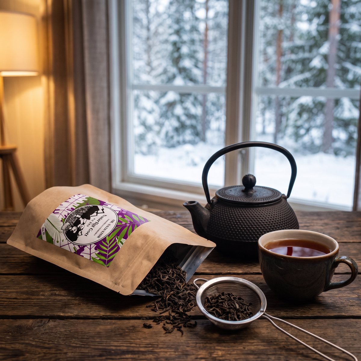 Mr. Salwator Pu Erh löst te i kraftpåse vid tekanna och kopp i ett svenskt hem