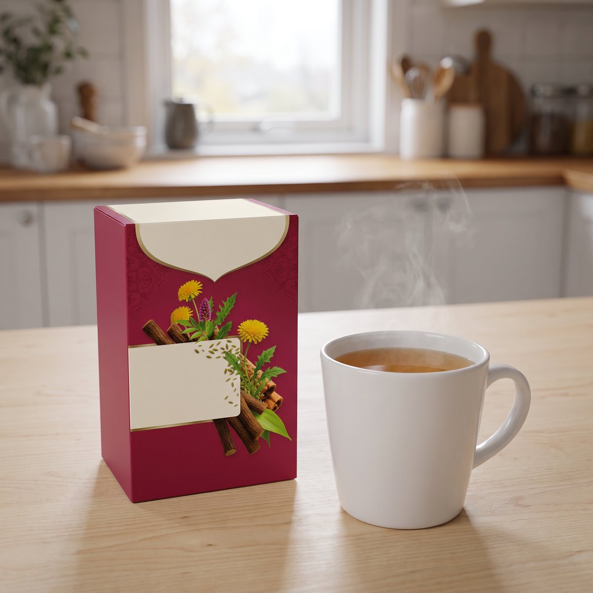 YogiTea Feel Pure i en ask på ett köksbord med en mugg örtte i ett svenskt kök