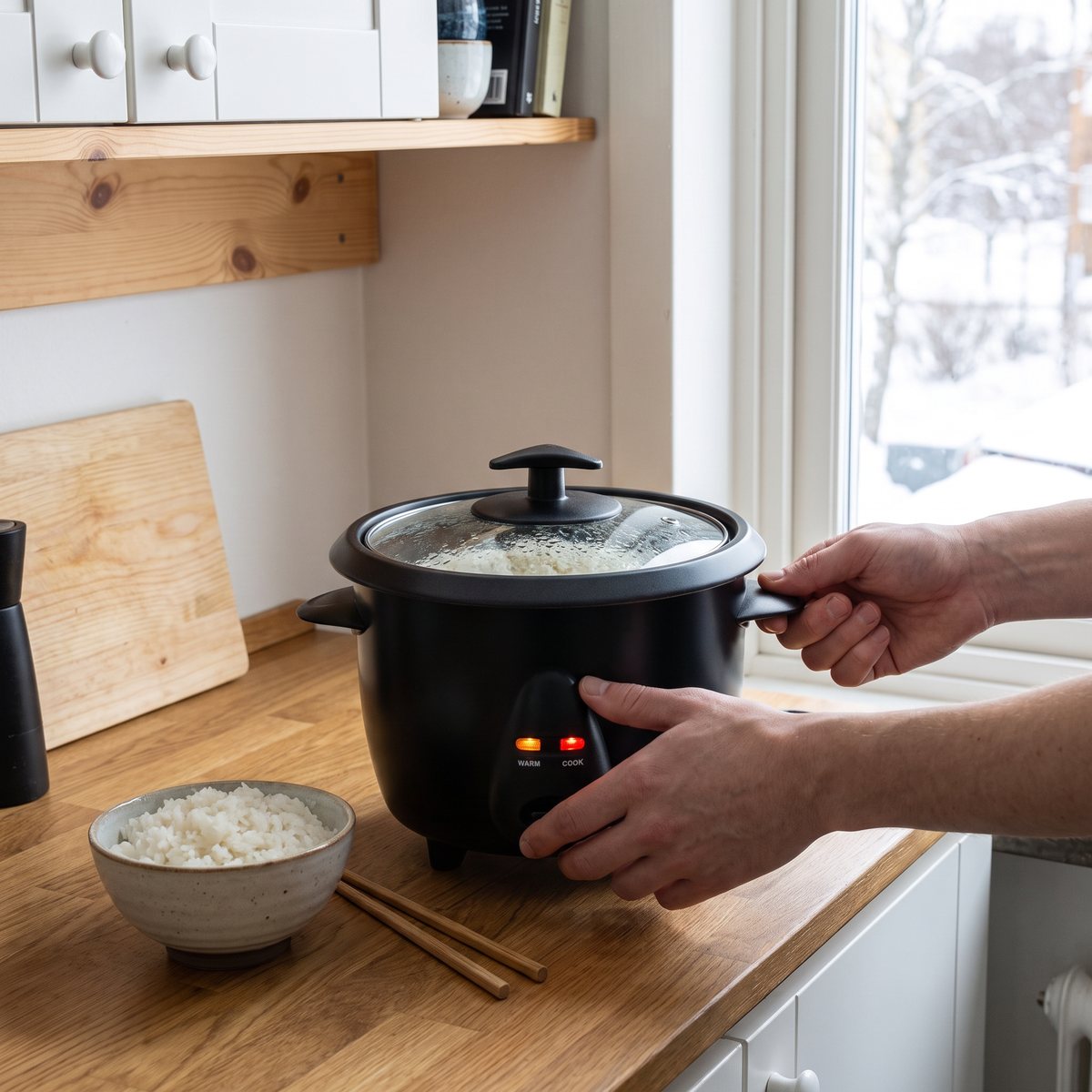 Champion RK400 Mini liten svart riskokare på en köksbänk i en svensk lägenhet