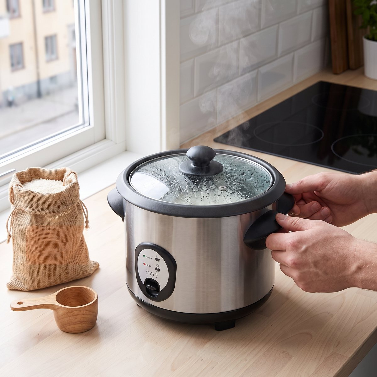 NOD riskokare i rostfritt stål på en köksbänk vid fönstret i ett svenskt hem