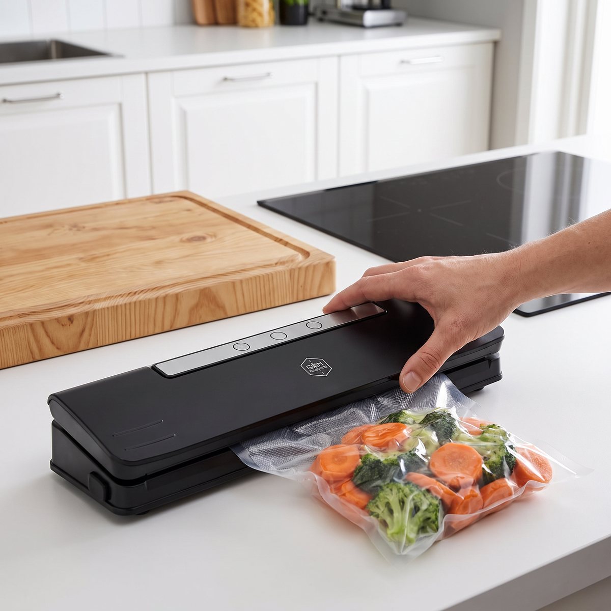 Den svarta vakuumförpackaren OBH Nordica Compact Fresh 7943 på en köksbänk bredvid grönsaker i ett svenskt kök