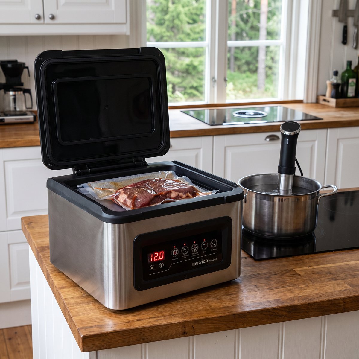 Kammarvakuumförpackaren SousVideTools Senses 250 med en vakuumpåse inför sous vide i ett svenskt kök
