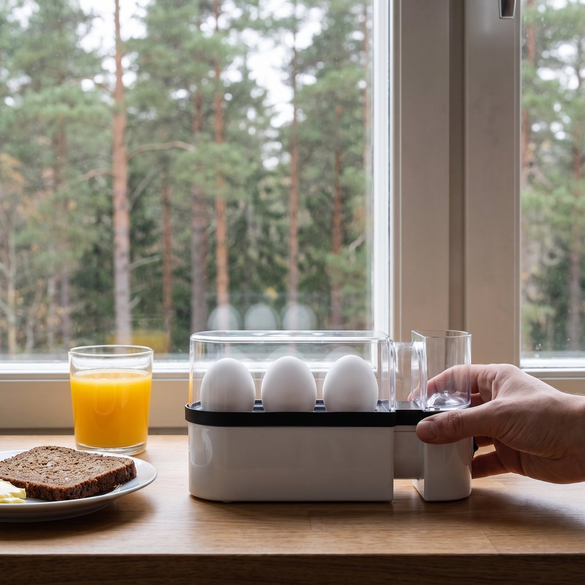 Cloer 6021 äggkokare i vitt med tre ägg vid ett fönster mot tallskog i en svensk lägenhet, med en hand på vattenmåttet