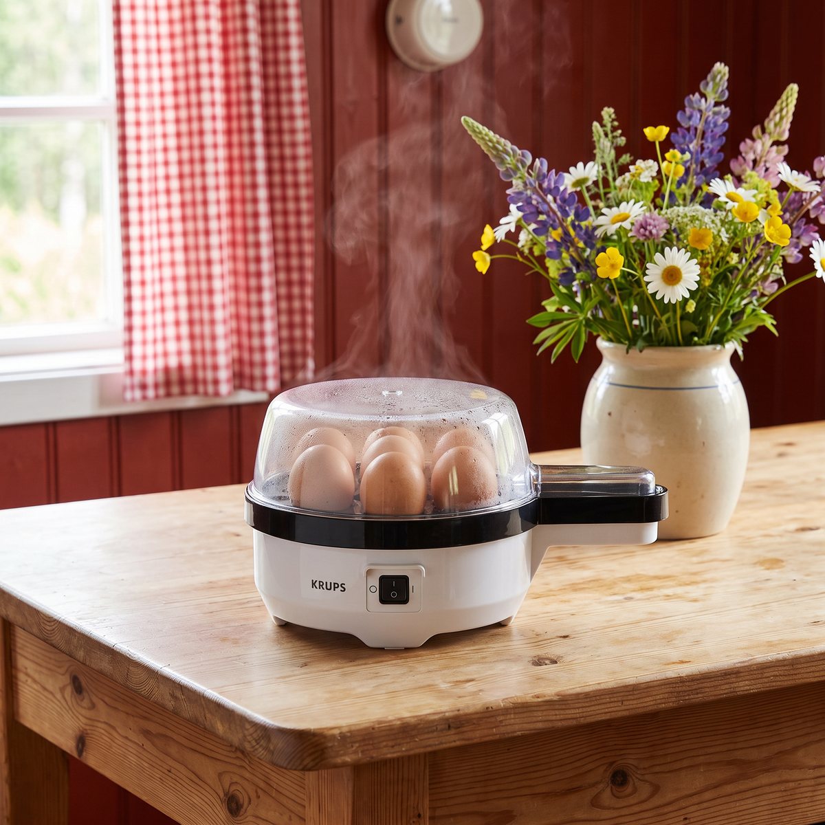 Krups Ovomat Special äggkokare i vitt på ett furubord i ett svenskt rött torp med vildblommor
