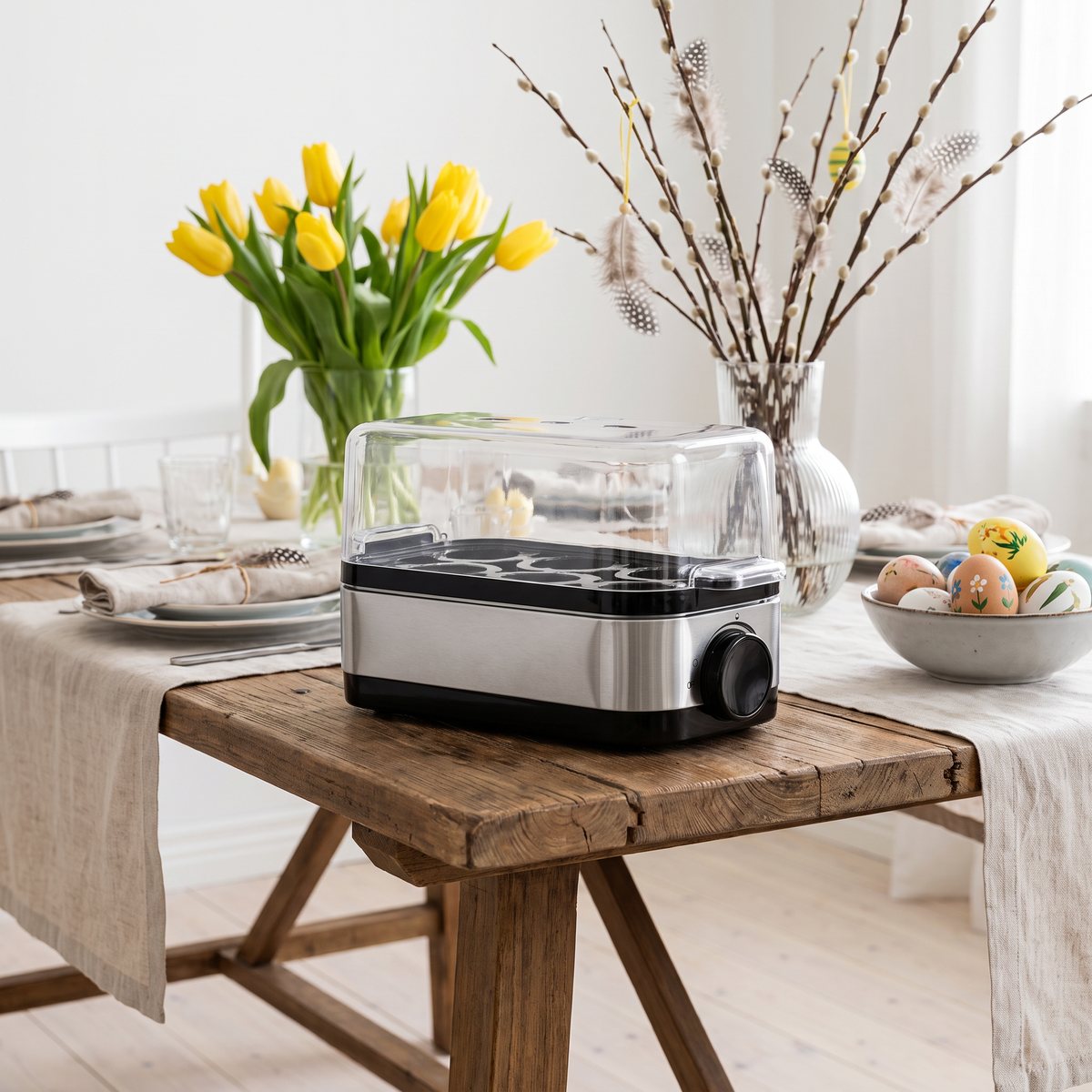 OBH Nordica Perfect Eggs äggkokare i stål på ett dukat påskbord i ett svenskt hem