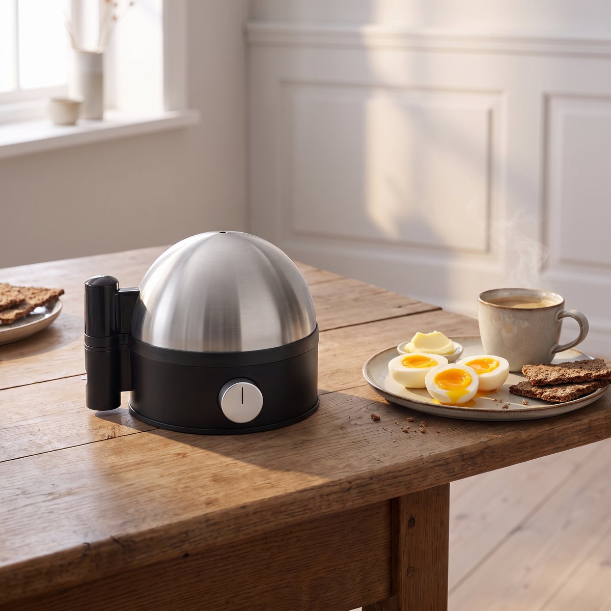 WMF Stelio äggkokare med kupol i borstat stål på ett träbord med halverade löskokta ägg, knäckebröd och kaffe