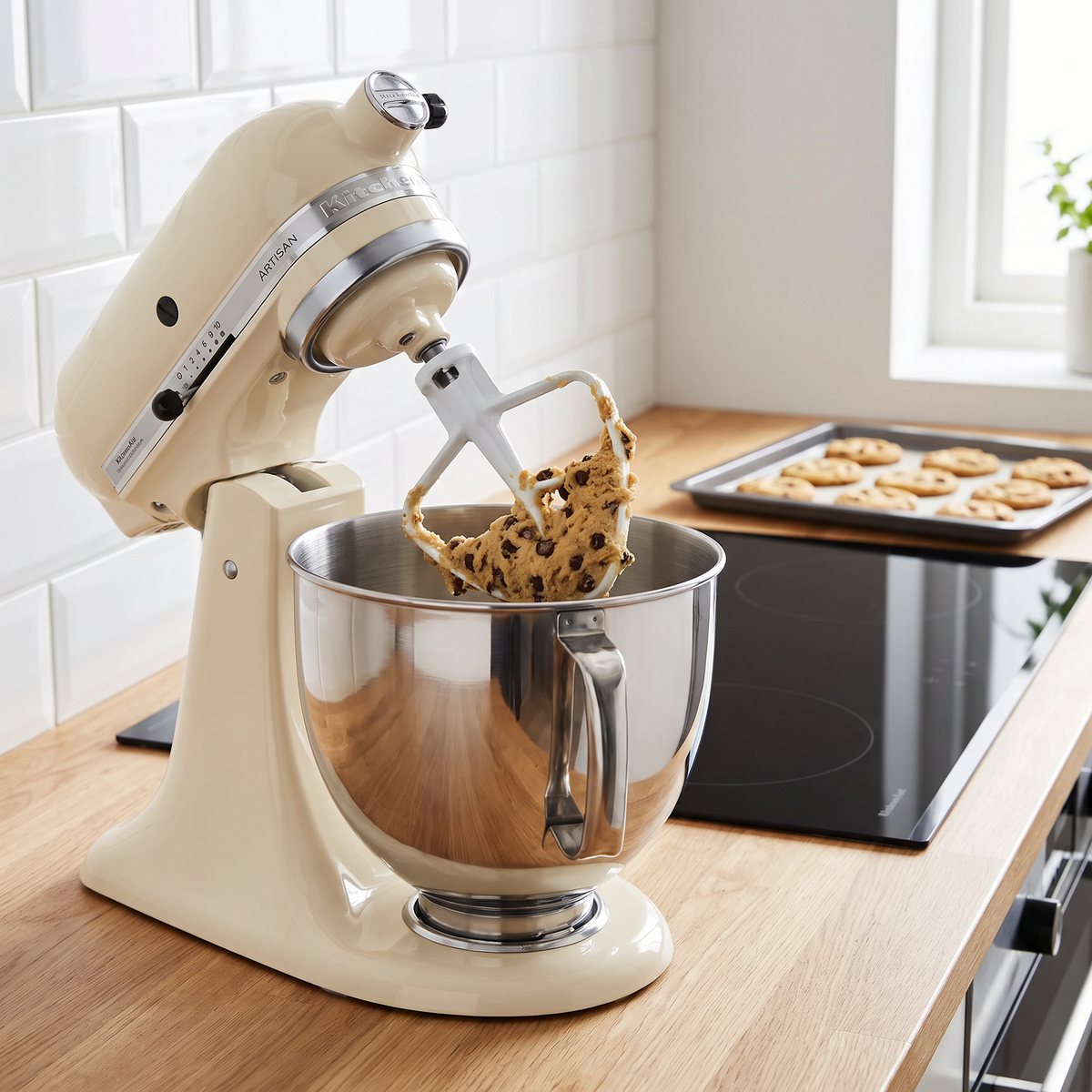 Gräddfärgad KitchenAid Artisan 5KSM125 som blandar kakdeg i ett svenskt kök med vitt kakel och induktionshäll