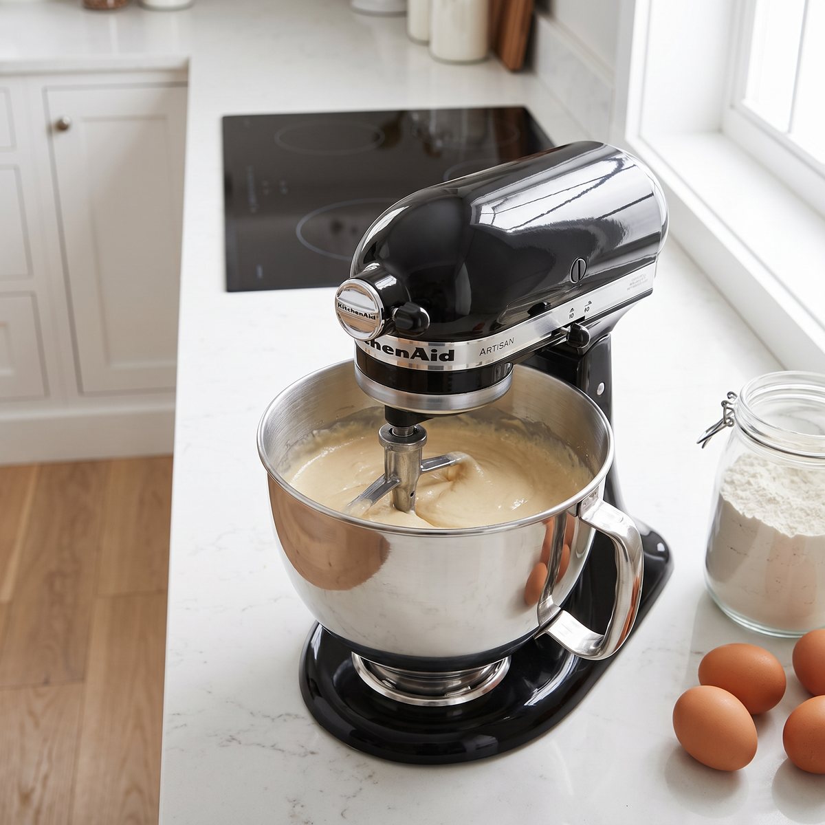 Svart KitchenAid Artisan 5KSM175 med rostfri skål som vispar kakdeg på en köksö i ett ljust svenskt kök