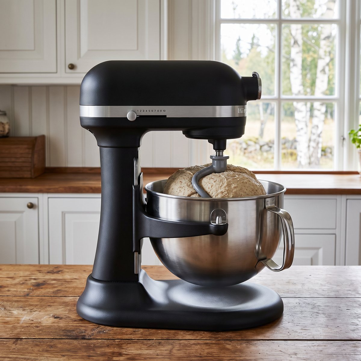 Matt svart KitchenAid Artisan 5KSM60 med lyftarm som knådar bröddeg i ett lantligt svenskt kök