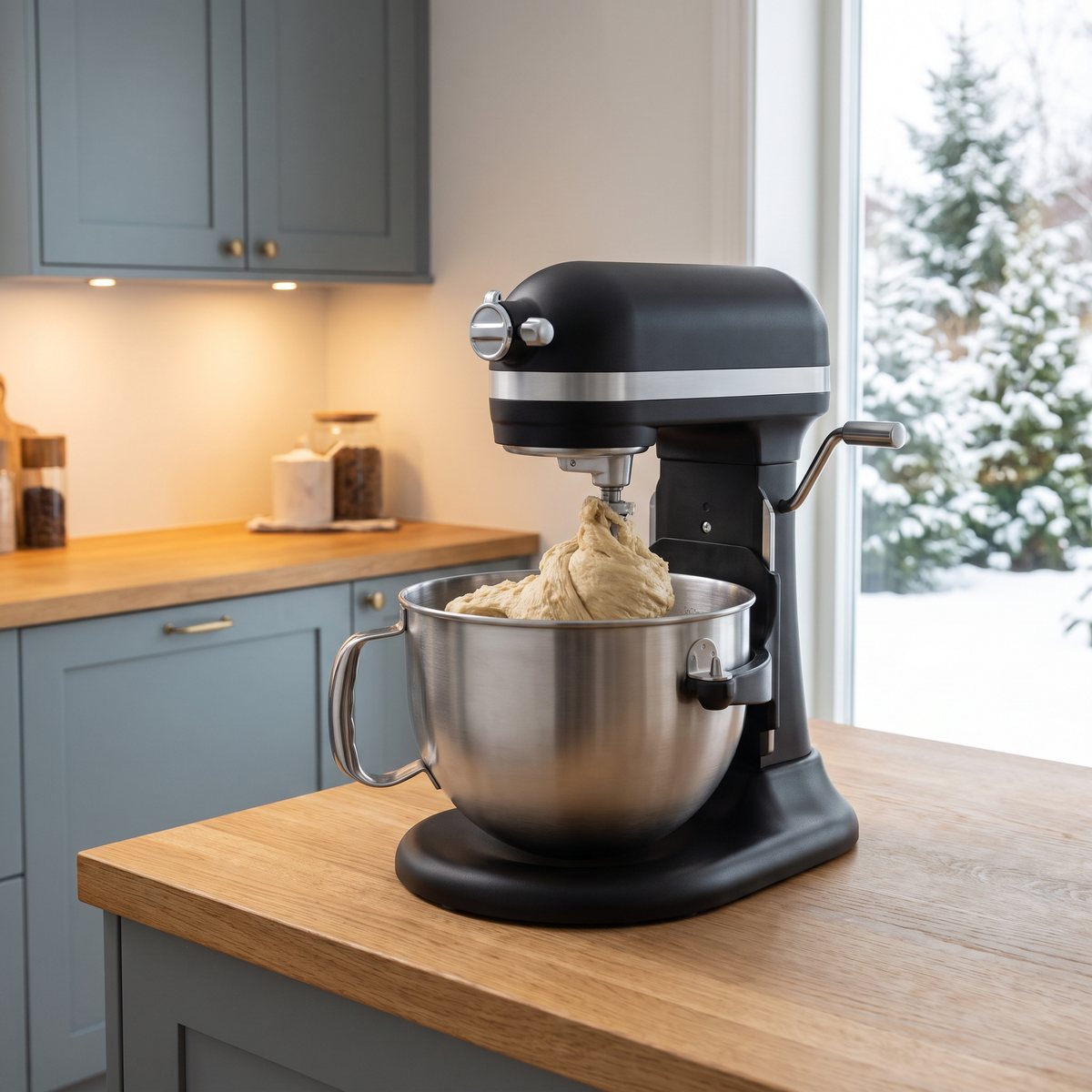 Matt svart KitchenAid Artisan 5KSM70 med lyftarm som bearbetar en stor smet i ett svenskt kök