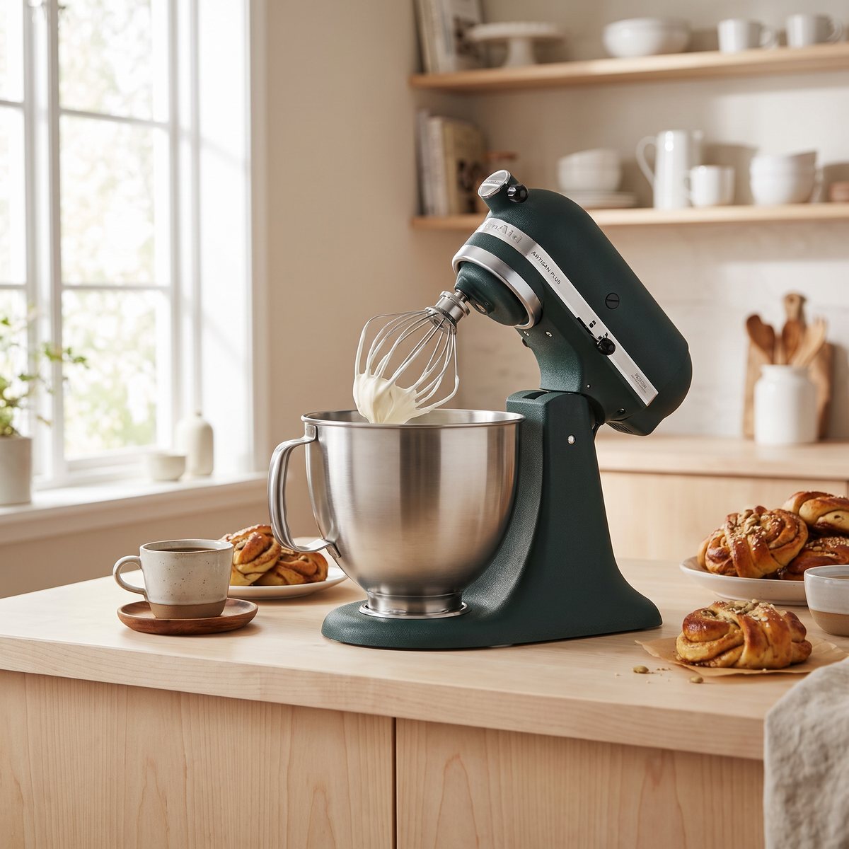 Grön KitchenAid Artisan Plus som vispar grädde bredvid kanelbullar i ett svenskt kök