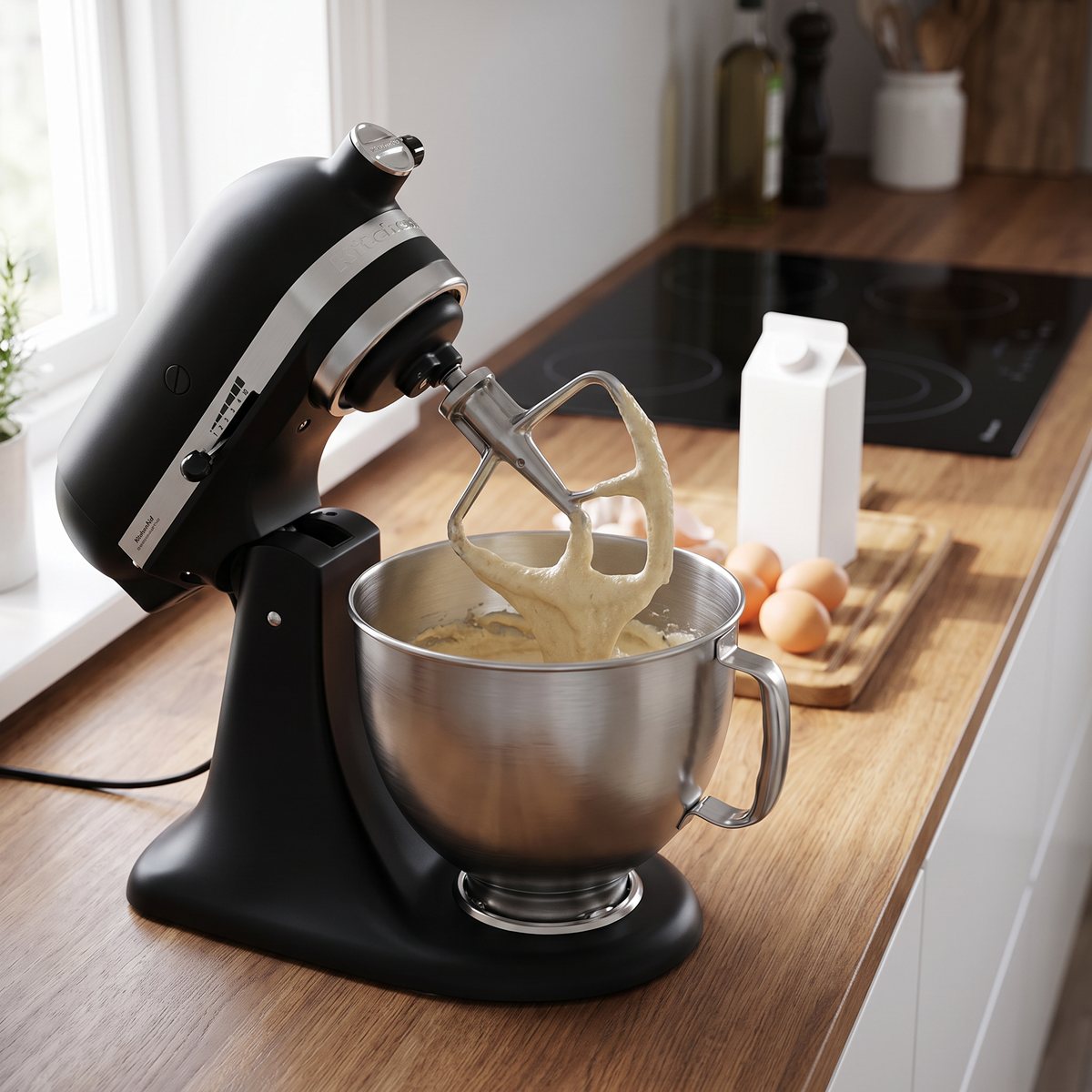 Matt svart KitchenAid Classic 5KSM95 som blandar pannkakssmet i ett litet svenskt kök