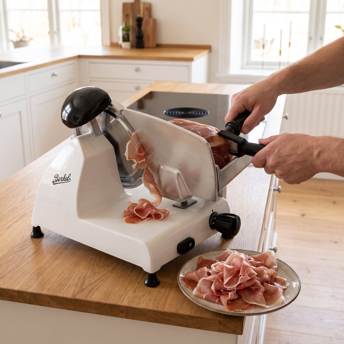 Berkel Red Line 250 i vitt som skivar tunna skivor skinka på en bänk i ett ljust svenskt kök