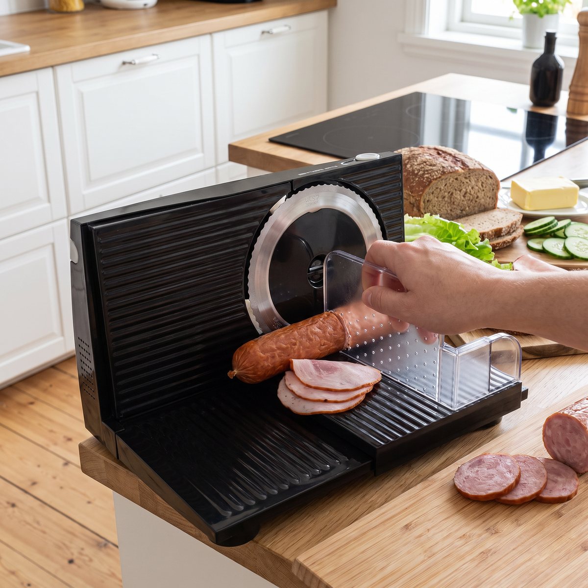 Svart Emerio skärmaskin 100W som skivar korv och skinka i ett svenskt kök med induktionshäll