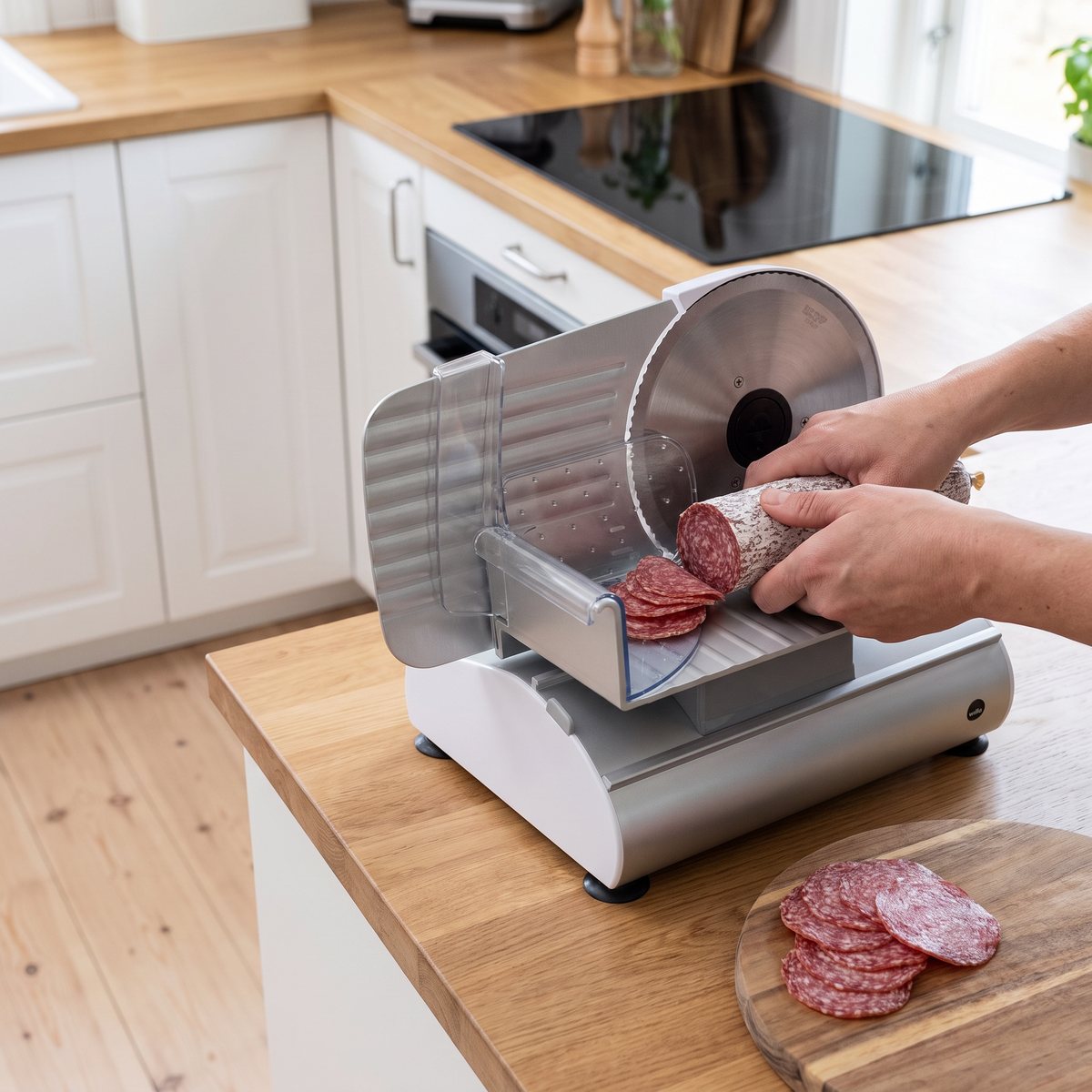 Wilfa Sharp FS-200W som skivar salami på en köksbänk i ett svenskt kök med induktionshäll
