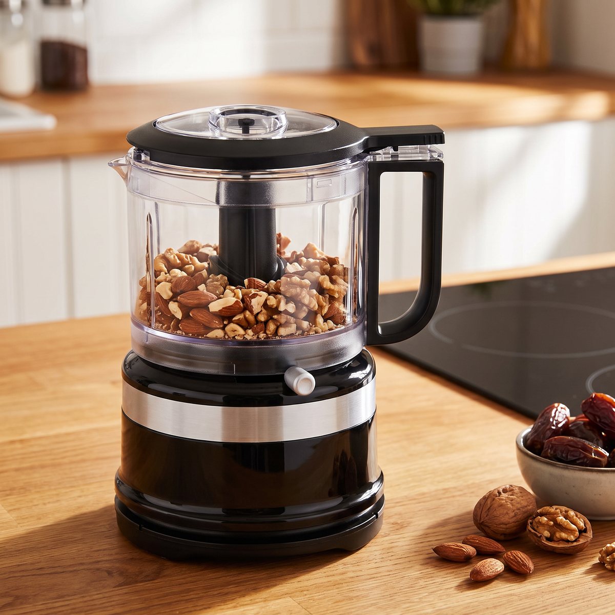 Svart KitchenAid minihackare med handtag och hackade nötter på en träbänk i ett svenskt kök