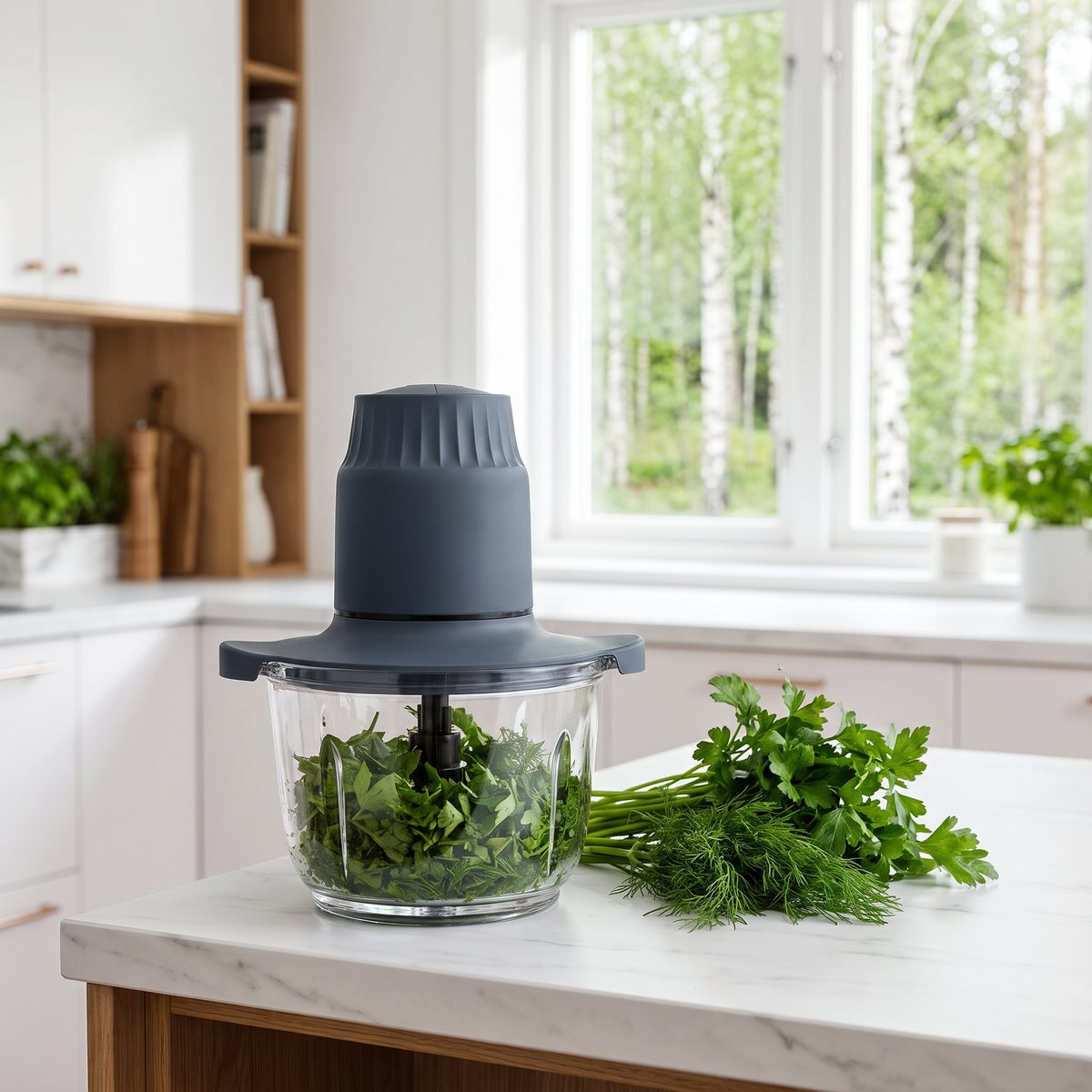 Mörkgrå OBH Nordica Choppeo med glasskål och hackade örter på en köksbänk i ett svenskt kök
