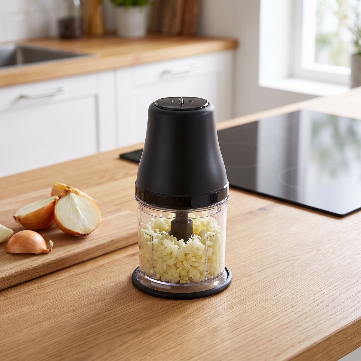 Svart minihackare från Philips med klar skål, fylld med finhackad gul lök, på en köksbänk i ett svenskt kök