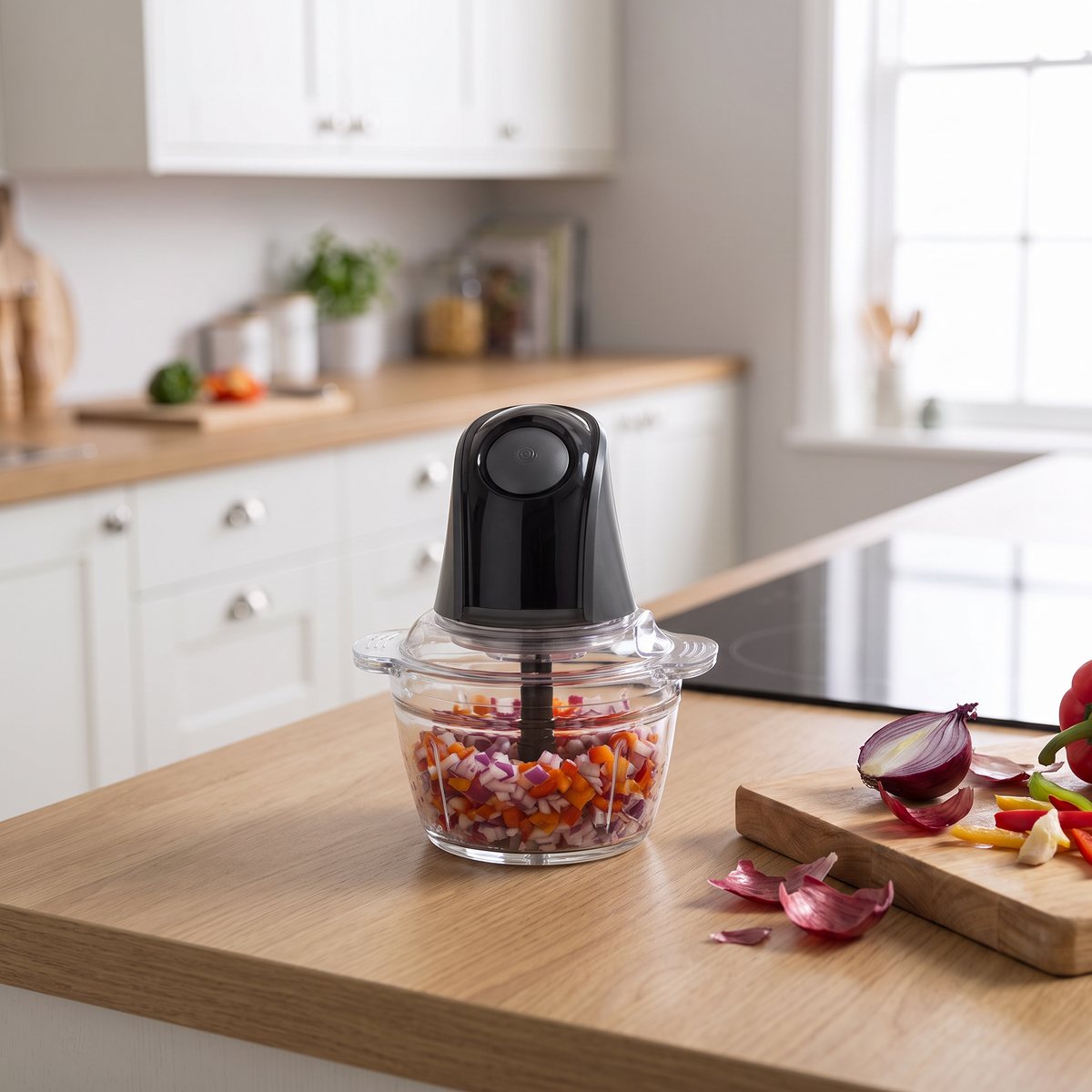 Russell Hobbs Desire i svart med glasskål och hackad rödlök och paprika i ett svenskt kök