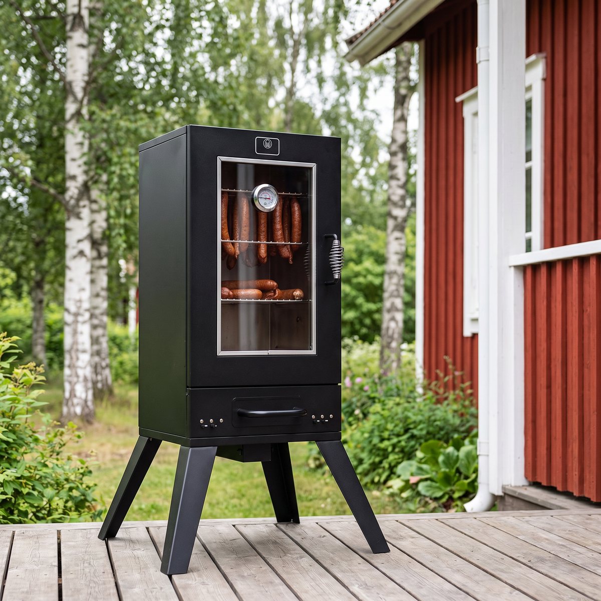 Mareld elrök med glasdörr på en trädäck vid en röd stuga bland björkar, korv hänger på gallren