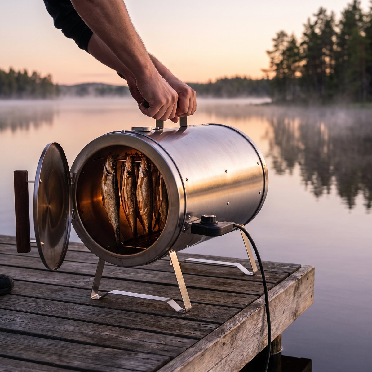 Muurikka rökugn i rostfritt stål på en brygga vid en svensk sjö i gryningen, hängande fisk syns genom den öppna luckan