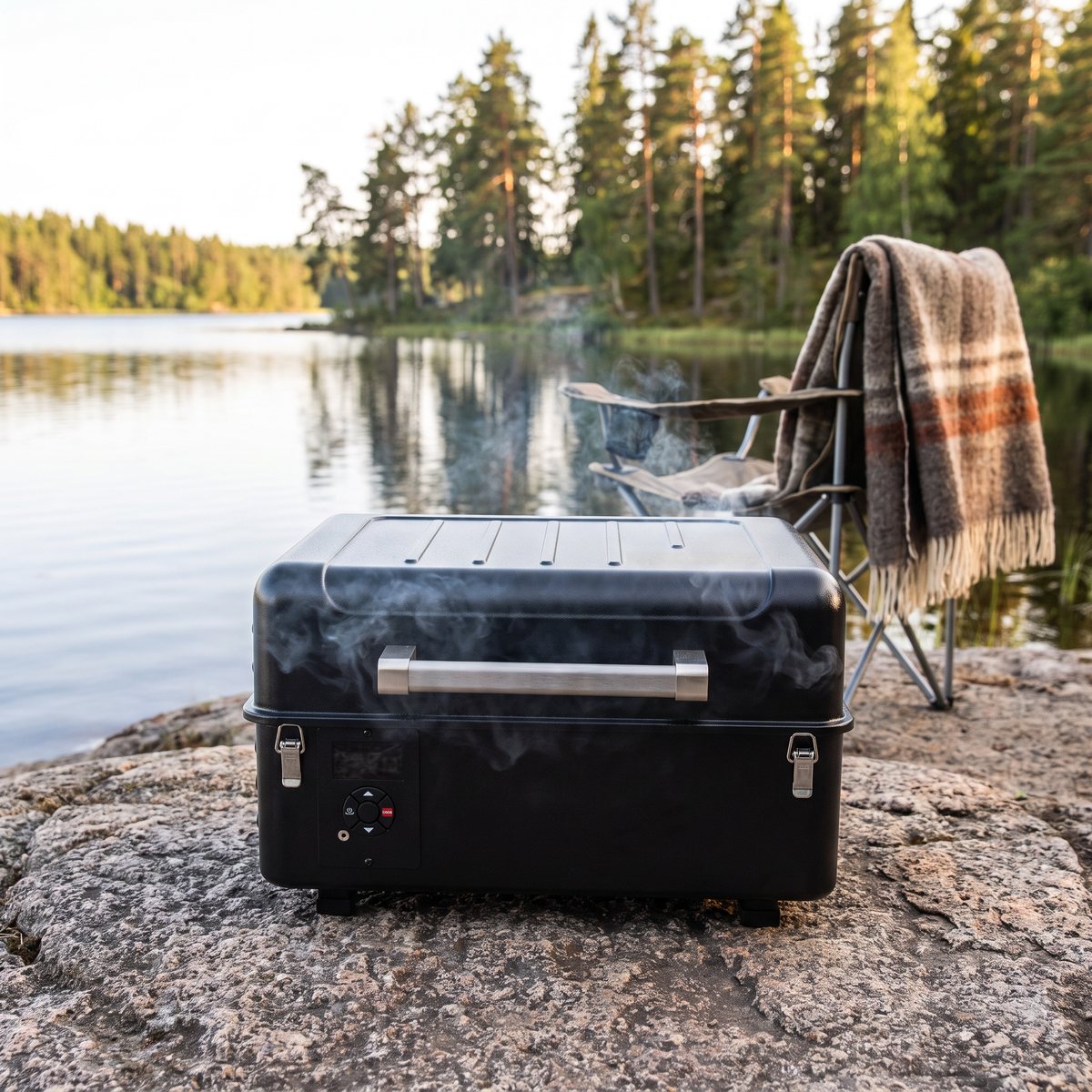 Traeger Ranger pelletsgrill på en granithäll vid en svensk insjö med tallskog, en campingstol och en pläd bredvid