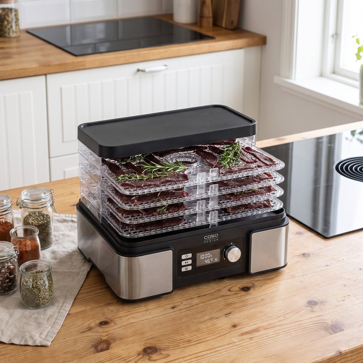 Caso DH 450 dehydrator med fem brickor fylld med torkat kött och örter på ett furubord i ett svenskt kök