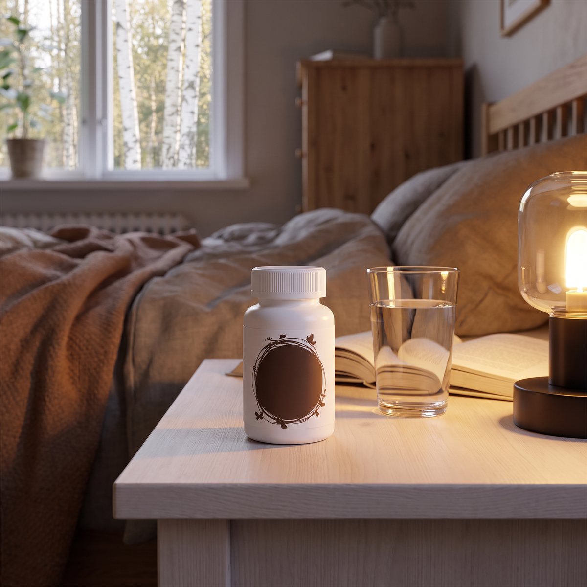 Vit burk Healthwell Diet Fiber på ett sängbord med vattenglas, bok och lampa i ett svenskt sovrum med björkar utanför fönstret