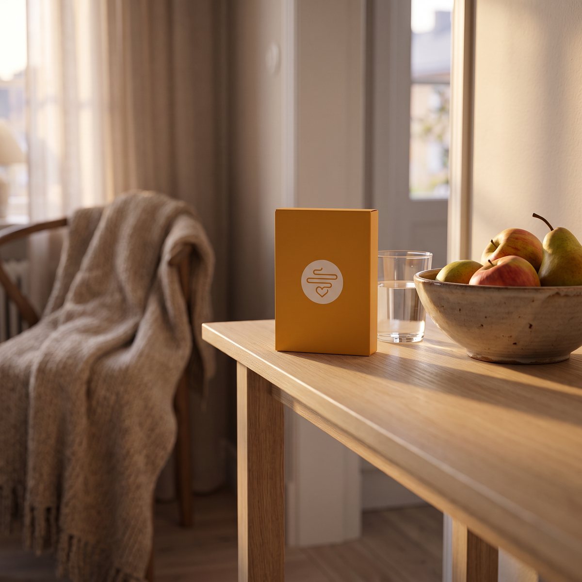 Orange kartong Gastroline Frukt & Fiber på ett bord vid ett fönster i ett svenskt hem med en skål äpplen och päron och ett vattenglas