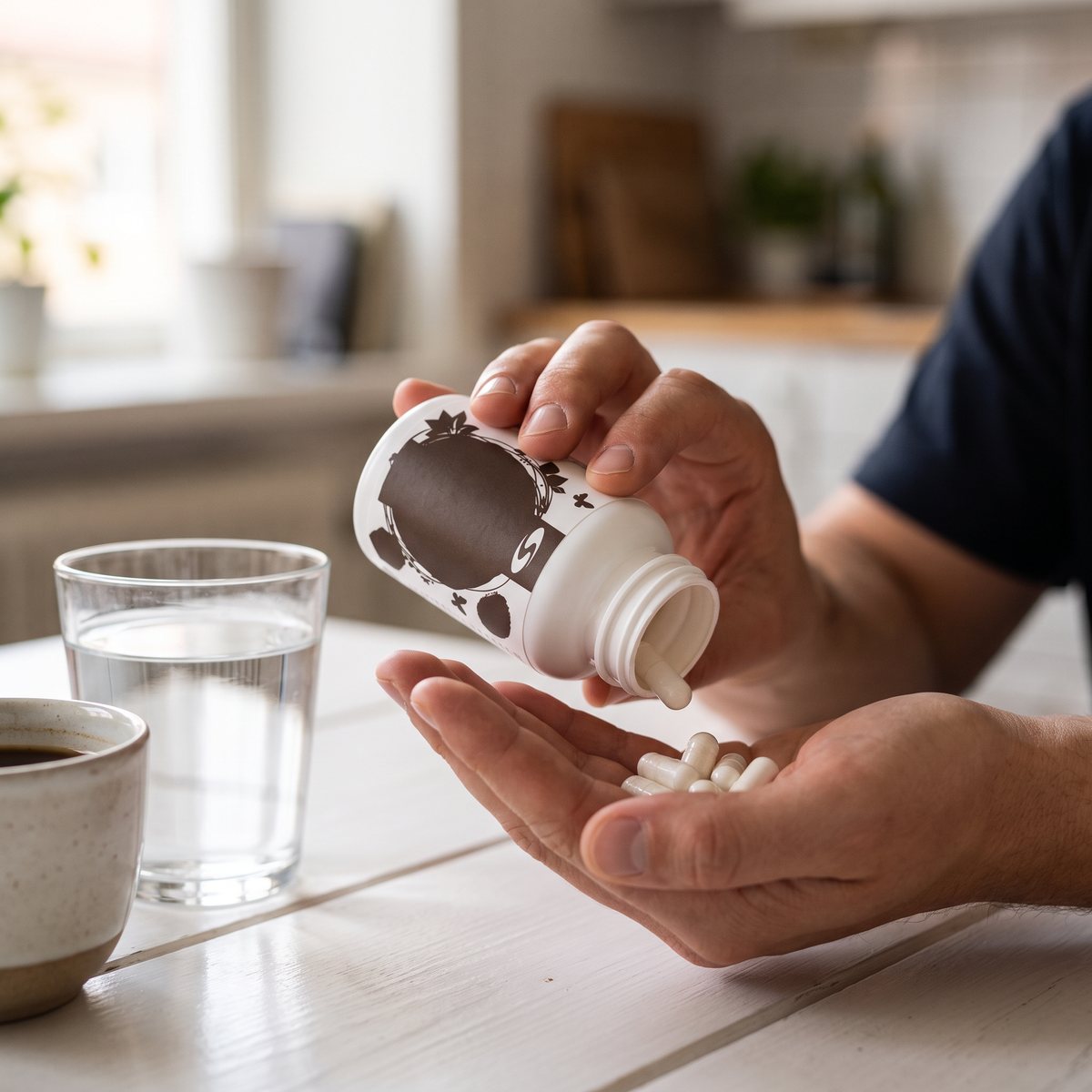 Hand som häller ut kapslar ur en vit burk Healthwell Glukomannan Fiber vid ett vitt köksbord med vattenglas och kaffekopp i ett svenskt hem