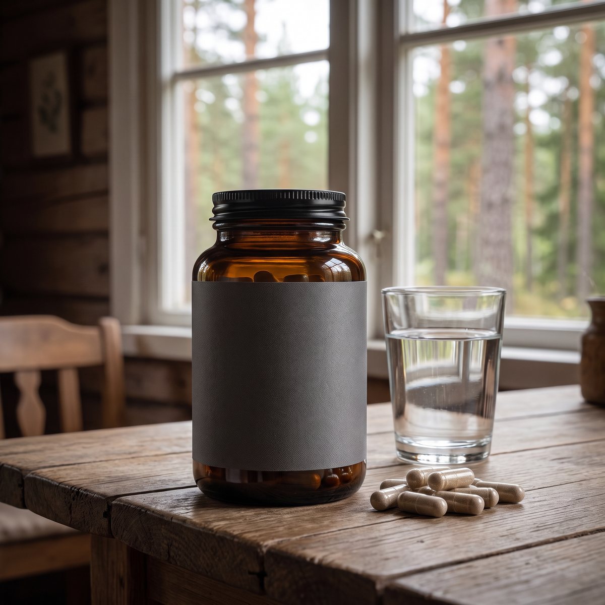 Brun glasburk Kiki Health Organic Psyllium Husk med kapslar på ett rustikt träbord i en svensk stuga med tallskog utanför fönstret