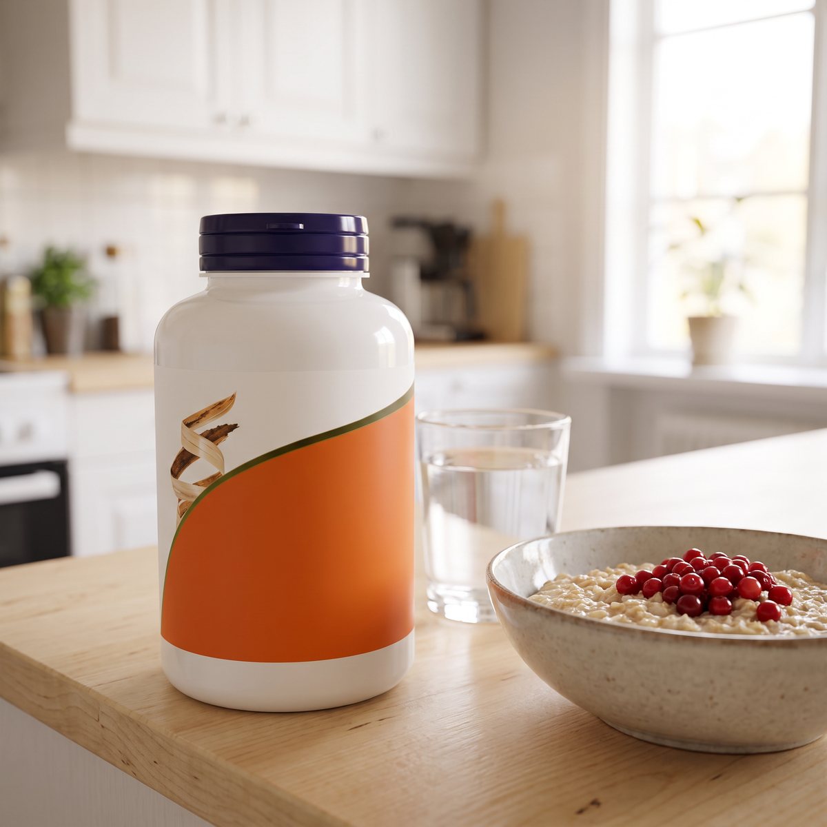 Vit burk med blå kapsyl från NOW Psyllium Husk Caps på en köksbänk bredvid ett vattenglas och en skål havregrynsgröt med lingon i ett svenskt kök