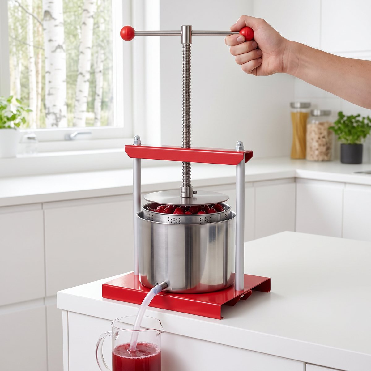 vidaXL rostfri frukt- och vinpress pressar bär på en köksbänk i ett ljust svenskt kök med björkar utanför fönstret